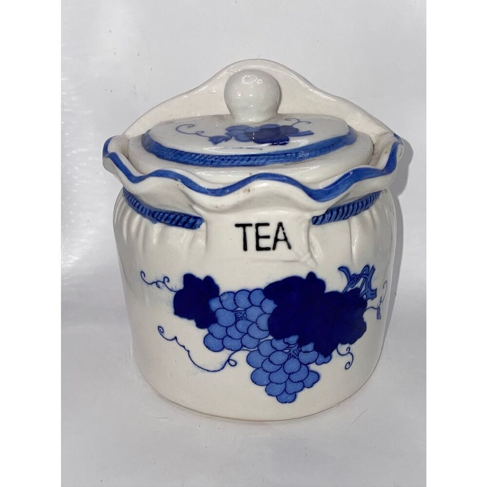 Vintage Tea Jar Hanging Wall Pocket Canister Blue White Ceramic Grape Hand Paint